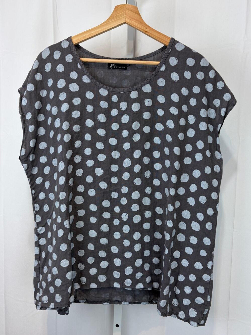 FENINI Linen Polka Dot Print Short Sleeve Boxy Top Artsy Lagenlook Gray USA XL